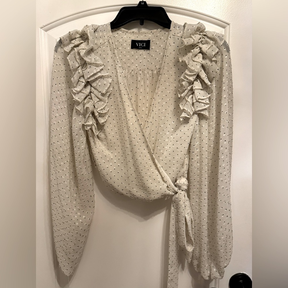 VICI wraparound ruffled sleeve blouse, crop top style